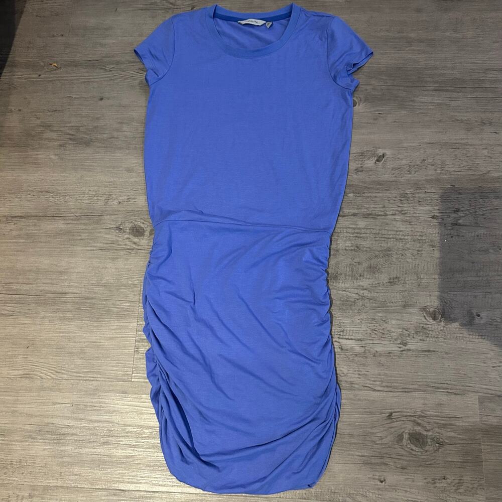 Athleta Topanga Tee Dress Blue XS Ruched Cap Sleeve Lightweight Crew Neck Casual